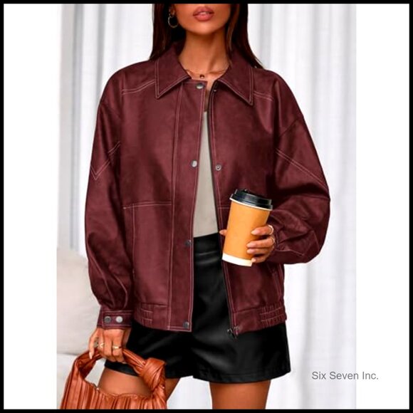 Faux Leather Bomber Jacket Oversized Moto Biker Style Winter Coat Retro Chic - Picture 5 of 7